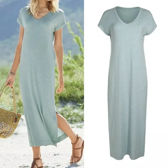 Peruvian Connection Malibu Cotton Modal Jersey Knit Maxi T-Shirt Dress: Seafoam - Picture 1 of 9
